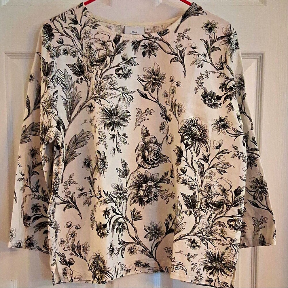 Hot Cotton Womens Blouse Ivory &  Black Floral Long Sleeve Round Neck Sz L USA